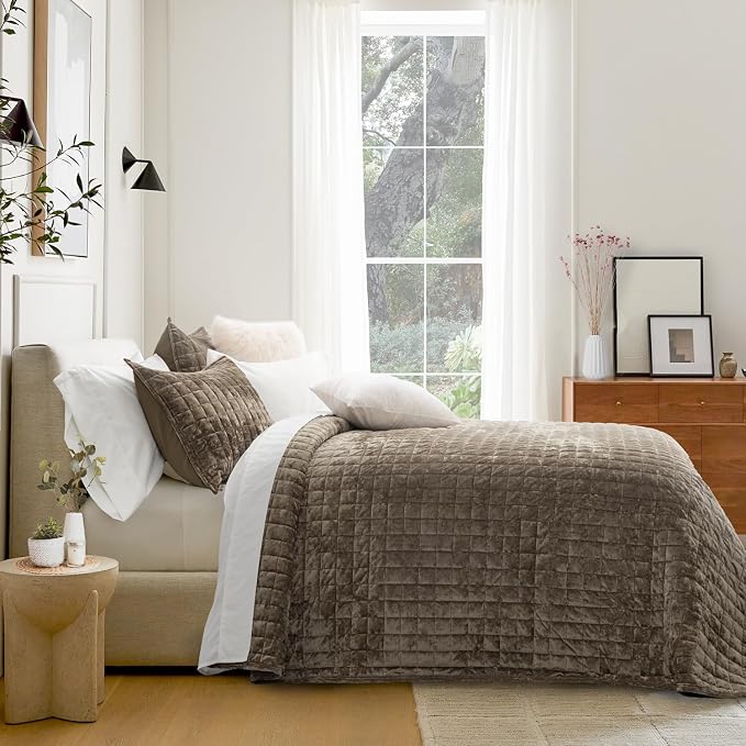 RECYCO Channel Box Stitch Velvet Quilt Set, Twin/Twin XL Size, Dune Brown | by RECYCOHOMECOLLECTION