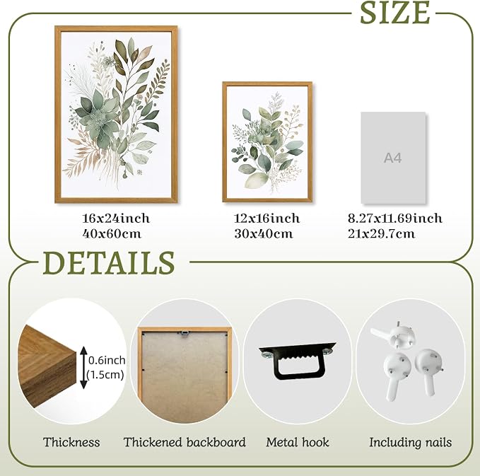 LLEEMPI Sage Green Botanical Wall Art Set of 3, 16x24 Wood Framed Prints | - Image 7