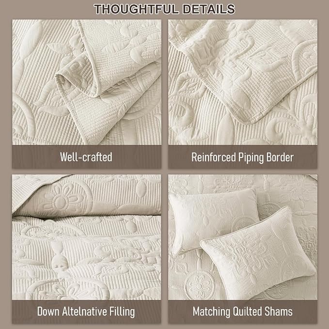 Light Beige Damask Quilt King Size Bedding Sets - Image 6