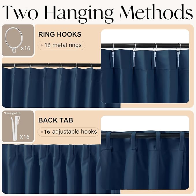 Etherealveil Navy Blue Pinch Pleated Blackout Curtains 2 Panels 52"x84" | Back - Image 6