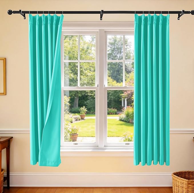 Etherealveil Turquoise Green Pinch Pleated Blackout Curtains 2P 40"x63" | Back by Etherealveil