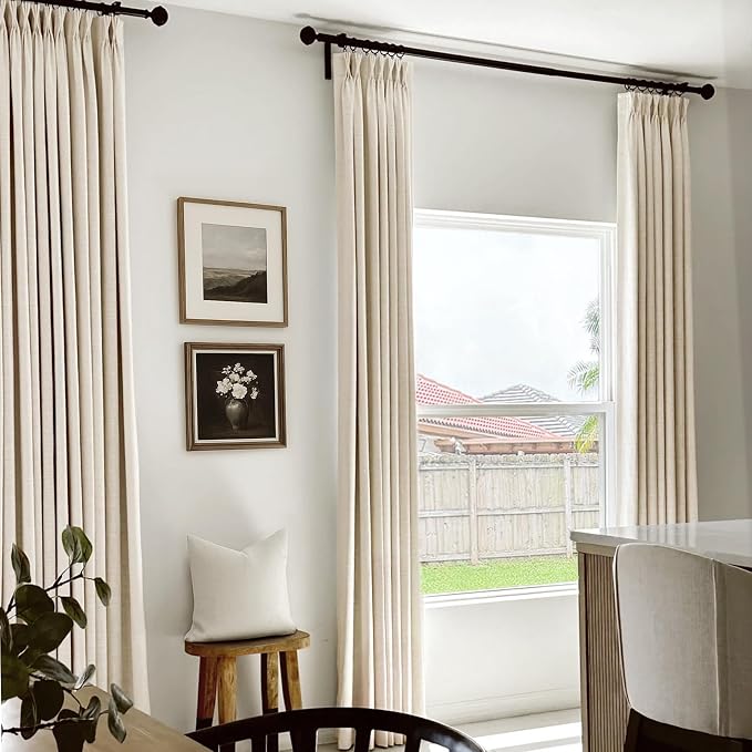 Pinch Pleated Full Blackout Faux Linen Curtains 96 inch 2 Panel Set | Cream - Image 5