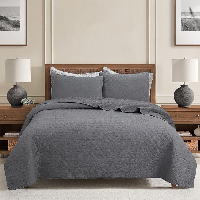 Cozy Line Home Fashions 100% Cotton Quilt Set – 3-Piece Charcoal Gray Solid by CozyLineHomeFashions