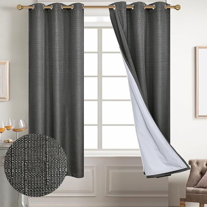 Diraysid 100% Blackout Curtains Dark Grey Linen Curtains - Image 2