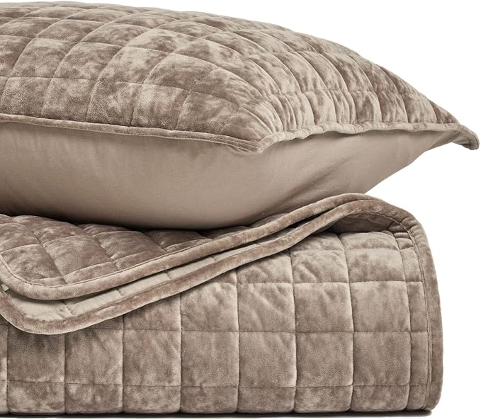 RECYCO Channel Box Stitch Velvet Quilt Set, Full Queen Size, Natural Tan | - Image 5