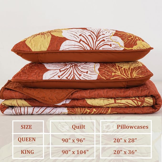 DJY Fall Terracotta Quilt Set Queen Gold Floral Pattern Quilt Coverlet Set Boho - Image 6
