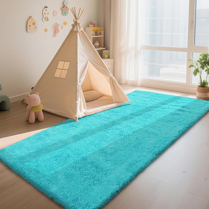 Teal Blue 2x6 Area Rugs for Bedroom, Fluffy Rug Small Carpet Bedside Rug | - Image 3