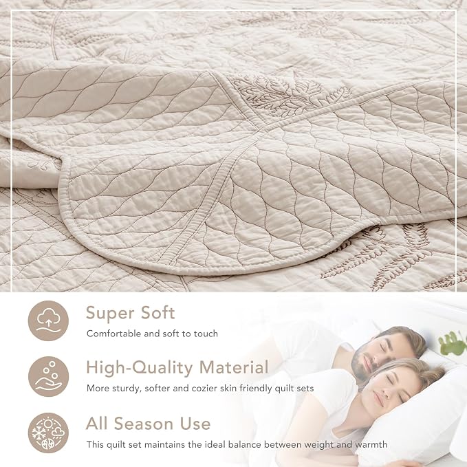 Lady Ann Oversized Queen Quilt Set 102x118, Leaves Botanical Pattern Printed - Image 4