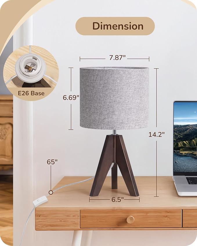 EDISHINE Boho Small Table Lamp, Wood Lamp, 14.2 Inch | Walnut Color Tripod - Image 5