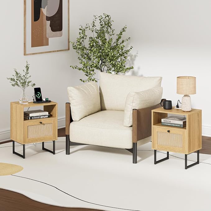Masupu Rattan Nightstand with Charging Station, Modern Boho Farmhouse Wood - Image 8