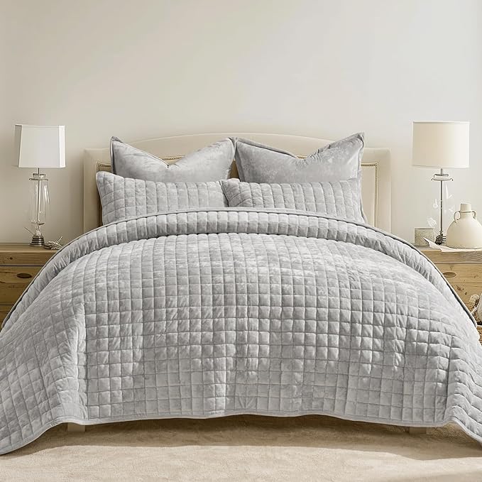 RECYCO Channel Box Stitch Velvet Quilt Set, King Size, Frost Gray | Ultra Soft by RECYCOHOMECOLLECTION