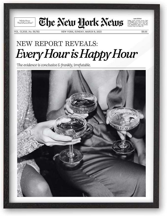 iHery Small 8x10in Every Hour Is Happy Hour Framed Newspaper Wall Art | Black by iHery