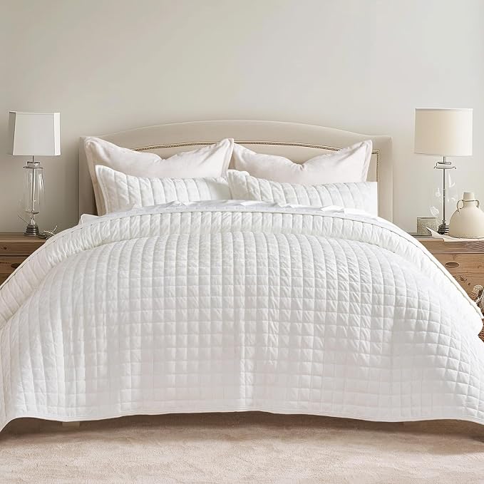 RECYCO Channel Box Stitch Velvet Quilt Set, Full Queen Size, Bright White | by RECYCOHOMECOLLECTION