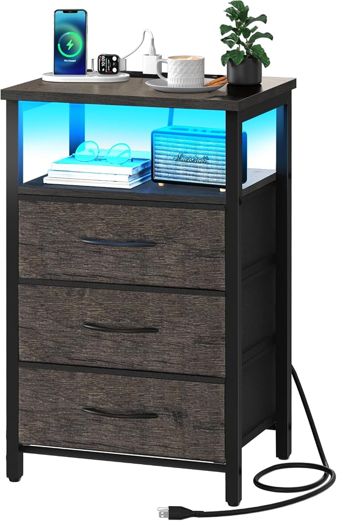 Yoobure Night Stand with Charging Station, 3 Fabric Drawers Nightstand by Yoobure