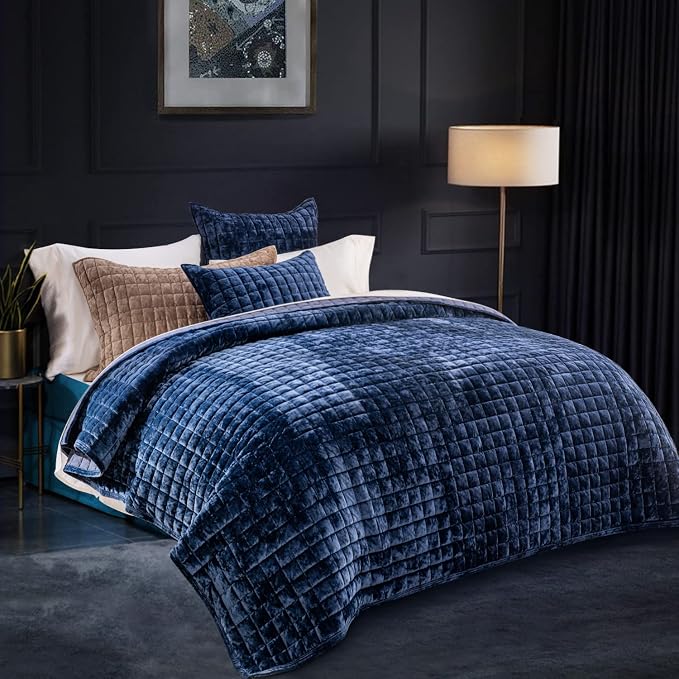 RECYCO Channel Box Stitch Velvet Quilt Set, Full Queen Size, Luxury Oversized by RECYCOHOMECOLLECTION