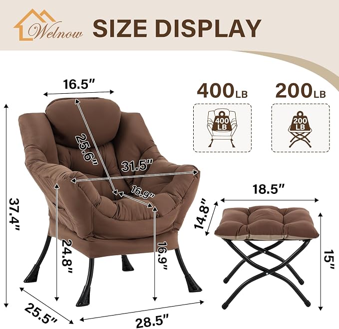 Welnow Lazy Chair with Ottoman, Reading Chair with Footrest, Dark Brown | A - Image 3
