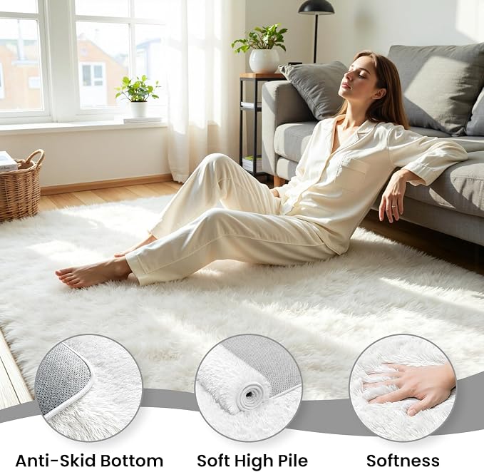 9x12 Fluffy Area Rug for Living Room: Soft Non-Slip White Bedroom Carpet | - Image 5