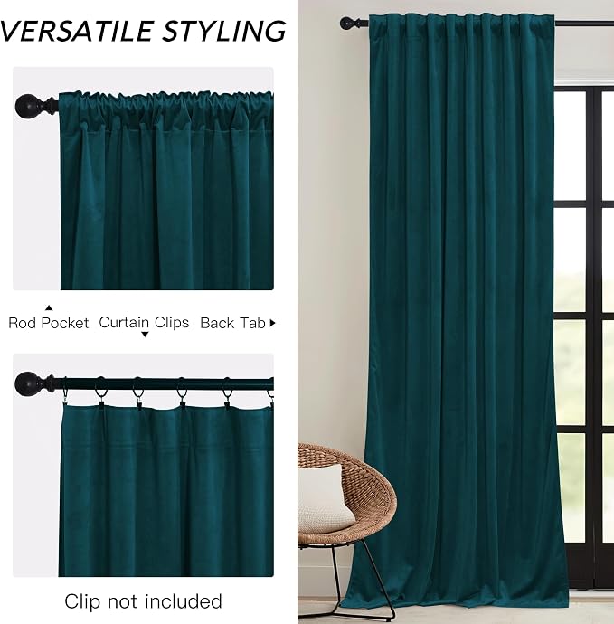 RYB HOME Teal Blue Velvet Curtains 84 inches - Image 3