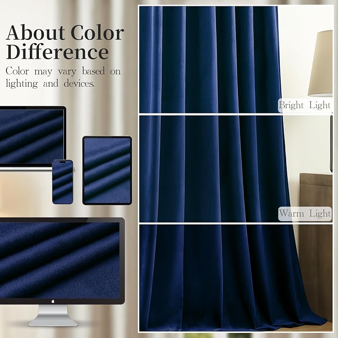 Extra Long Navy Blue Velvet Blackout Curtains 102 Inches Room Darkening | Black - Image 8
