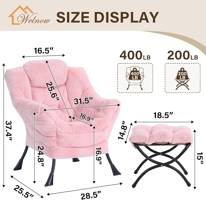 Welnow Lazy Chair with Ottoman, Reading Chair with Footrest, Plush Pink | A - Image 3