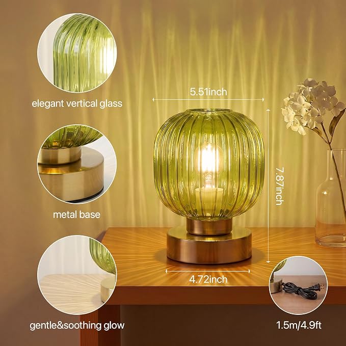Elenhome Green Touch Glass Table Lamp Set of 2, 3-Way Dimmable Bedside Lamps - Image 4