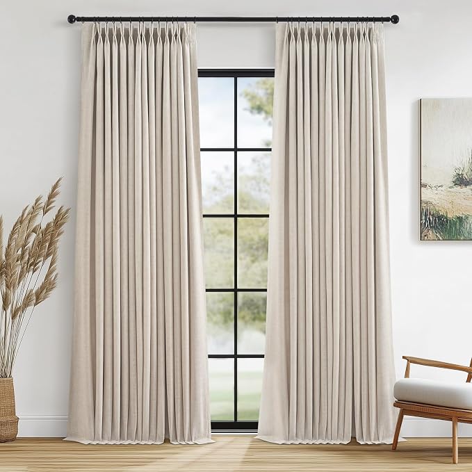 90 Inch Full Blackout Pleated Drapes, Fall Beige Linen Black Out Thermal by Topfinel