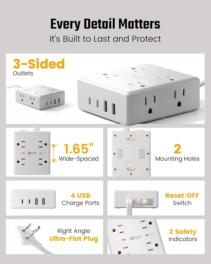 SUPERDANNY Extension Cord, Flat Plug Surge Protector Power Strip, 15Ft | 8 AC & - Image 8