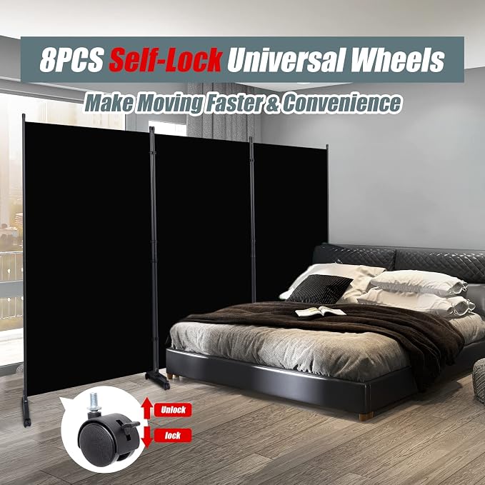 Room Divider 102'' Wide Folding Privacy Screen, 3 Panel Wall Divider w/Wheel | - Image 3