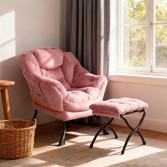 Welnow Lazy Chair with Ottoman, Reading Chair with Footrest, Plush Dark Pink | - Image 8