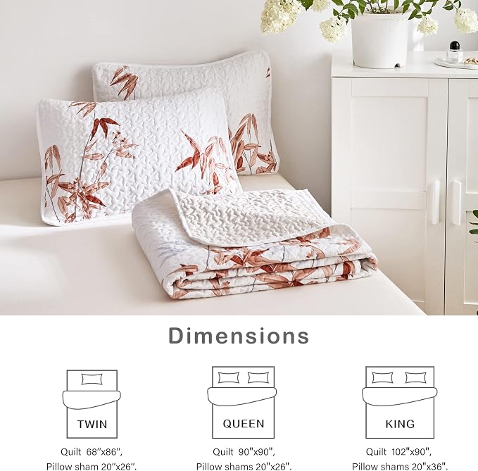 Botanical Quilt Set 2 Pieces Twin Size, Burnt Orange Leaves Printed on White - Image 7