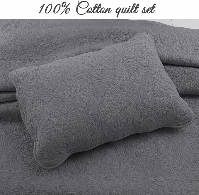 Cozy Line Home Fashions Charcoal Gray Cotton Quilt Set – 3-Piece Solid Textured - Image 2