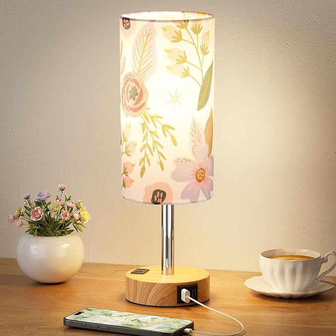 Floral Touch Lamp for Bedroom- 3 Way Dimmable Bedside Lamp USB C A Charging by Fenmzeelighting