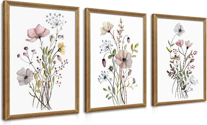 WRFON Framed Botanical Canvas Wall Art Set of 3, Watercolor Floral Prints by Unknown