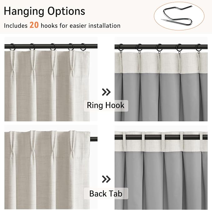 Pinch Pleated Full Blackout Faux Linen Curtains 96 Inches Long | Beige - Image 3