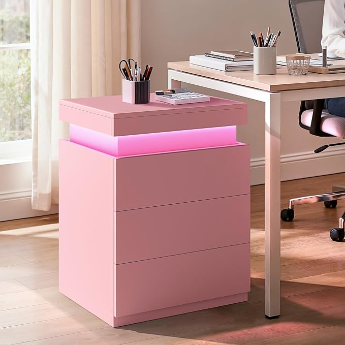 ADORNEVE Pink Nightstand with Charging Station and LED Lights | Night Stand - Image 8