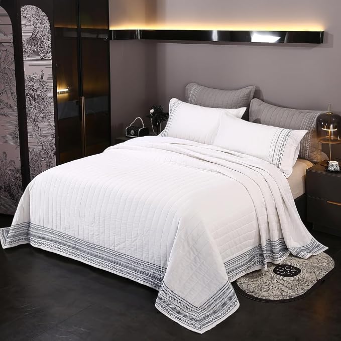 ROOMLIFE 100% Cotton Quilt Set King Embroidery Geometric Pattern 3-Piece | - Image 4