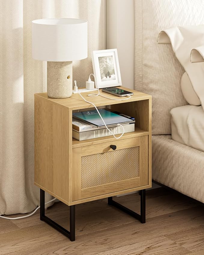 Masupu Rattan Nightstand with Charging Station, Modern Boho Farmhouse Wood by Masupu