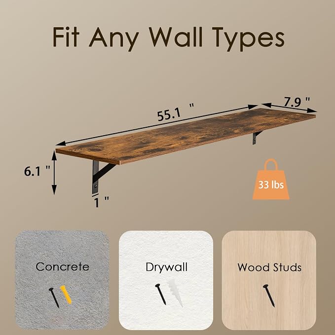 Long Wall Shelves, 55.1Inch Wooden Wall Mounted Shelves, Metal Brackets - Image 3