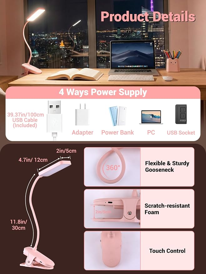 Pink Desk Lamp for Dorm Lamp, 9 Brightness+5 Color Clip on Light, Cute Lamp | - Image 8