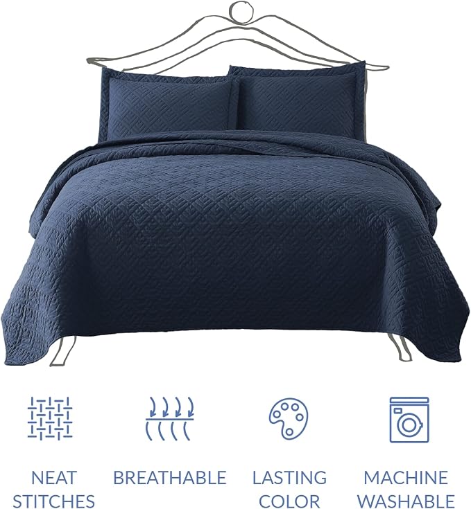 EXQ Home Quilt Set Twin Size Navy 2 Piece, Lightweight Soft Coverlet Modern - Image 3