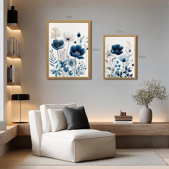 LLEEMPI Navy Blue Floral Wall Art Set of 3, 12x16 Wood Framed Canvas Prints | - Image 4