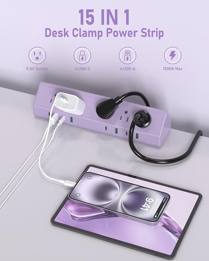Jgstkcity Desk Clamp Power Strip USB C 65W, Surge Protector, 5 Outlets - Image 3