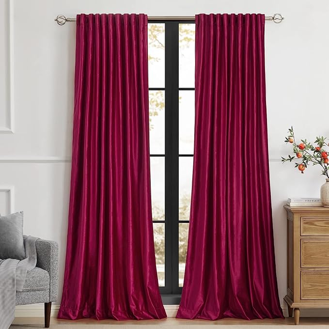PRIMROSE Red Curtains 120 inch for Living Room Velvet Drapes Blackout Rod by PRIMROSE