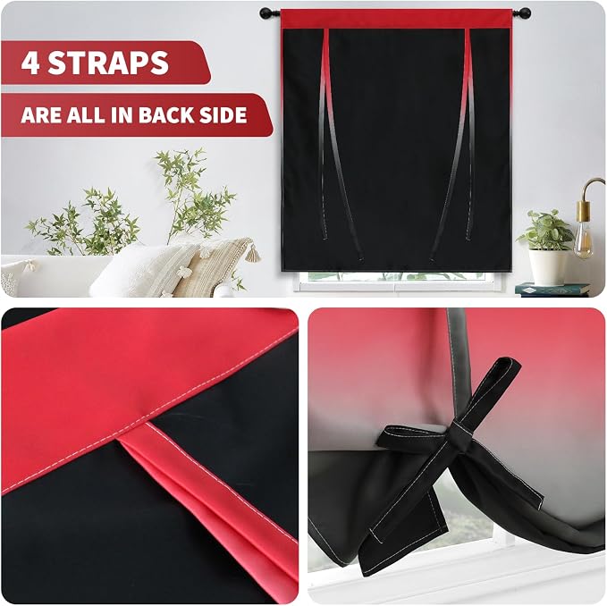 COSVIYA 100% Blackout Red and Black Adjustable Tie Up Curtains - Image 6