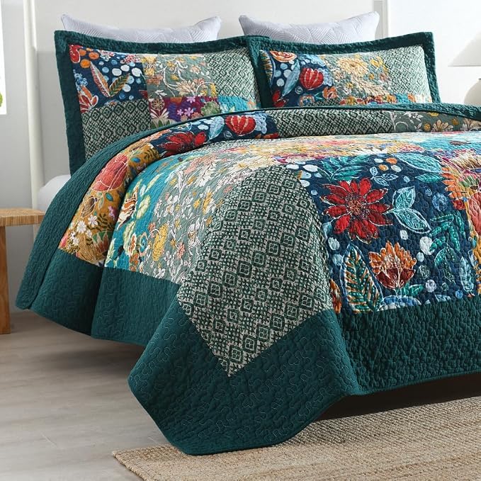 Autumn Dream Cotton Bedspread Luxury Vintage Turquoise Patchwork Bedding Quilt - Image 2