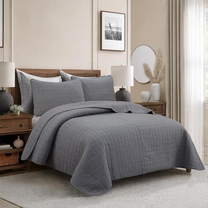 Cozy Line Home Fashions 100% Cotton Quilt Set – 3-Piece Charcoal Gray Solid - Image 2