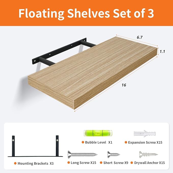 Floating Shelves for Wall Set of 3, 16 Inch Light Brown Shelves Bedroom | Light - Image 3