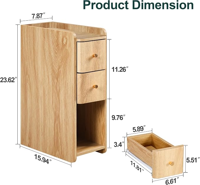 Narrow Nightstand Set of 2, Wooden Small 2 Drawer Nightstand, Slim Side End - Image 2