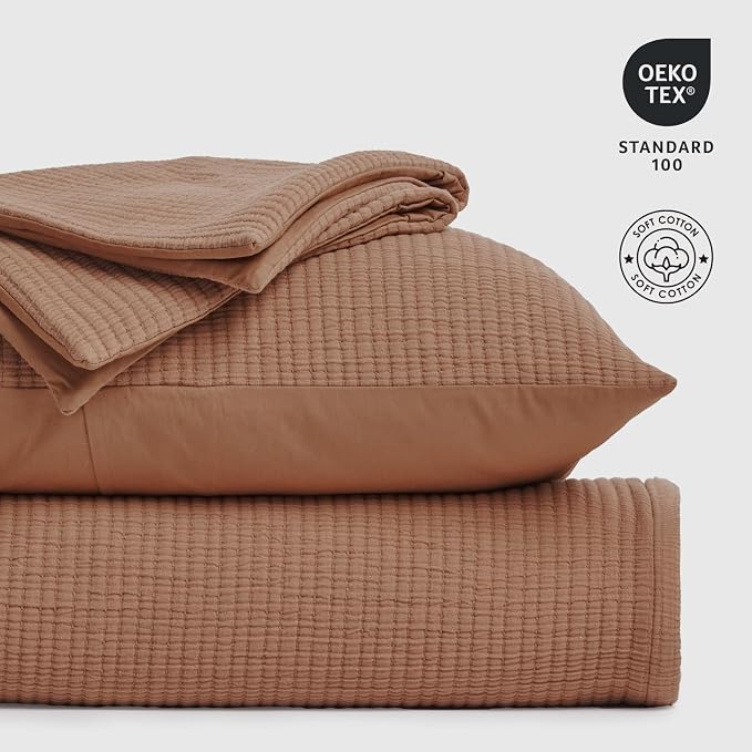 EVERGRACEHOME Cotton Gauze Matelassé Coverlet, King Size, Terracotta Clay | - Image 4