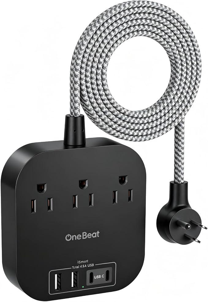 One Beat Power Strip with USB C, 3 Outlets 4 USB Ports, 10ft Braided Extension by OneBeat